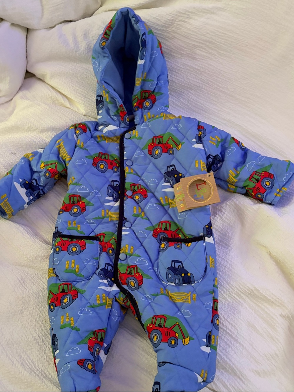 Baby Quilted Blue Hooded One-Piece with Tractor Print